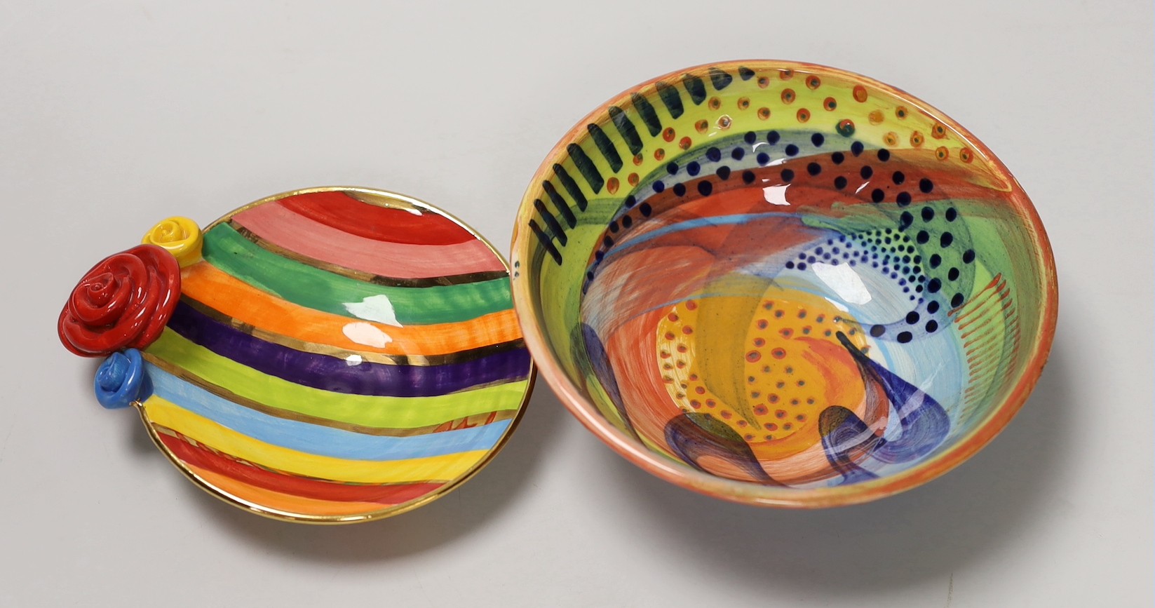 A Mary Rose Young striped dish, together with a Gwili Pottery painted bowl. Tallest 6cm